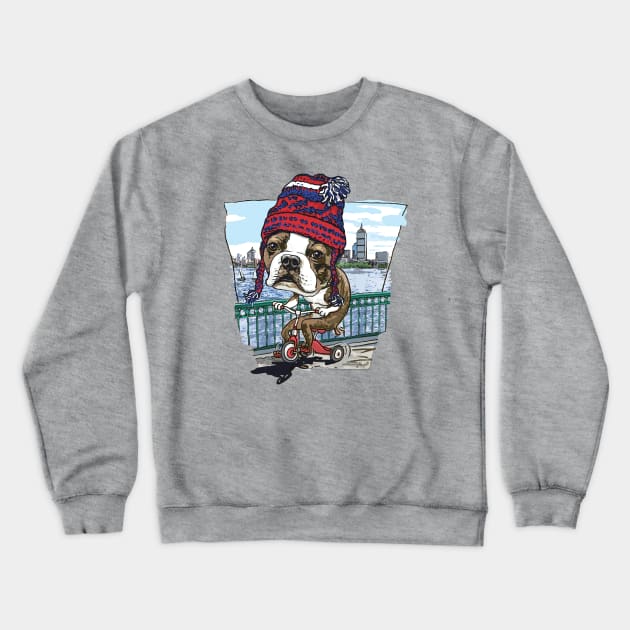 Boston Terrier Dog with Red, Blue and White Winter Beanie Crewneck Sweatshirt by Mudge